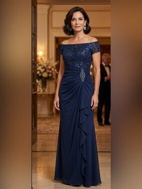 Alex Evenings Beaded Chiffon Off Shoulders Maxi Dress Gown Size 8 NWT